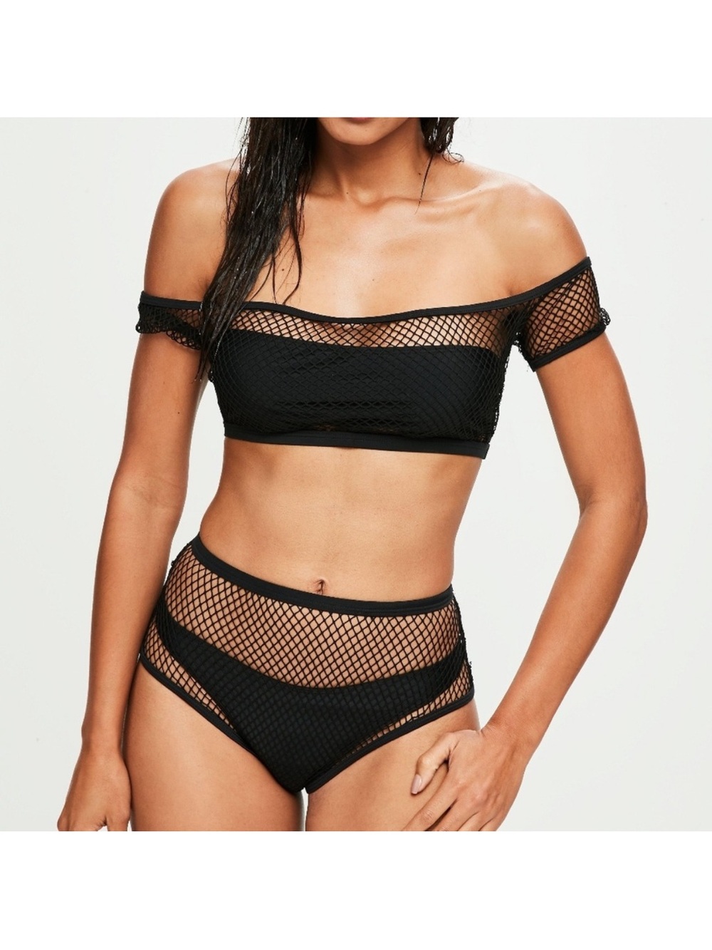 Missguided Black Fishnet Off-Shoulder Bikini Set